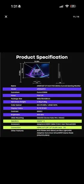 AMZG27C1 AMZFAST Curved Fhd Gaming Monitor Speakers Hdr