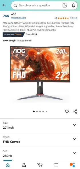 C27G4ZH AOC Gaming Monitor Curved