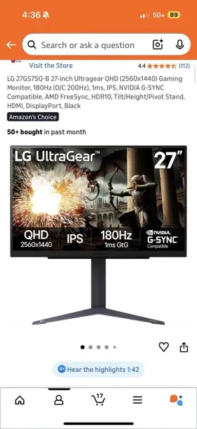 27GS75QX-B LG Ultragear Qhd Sync Ips Gaming Monitor