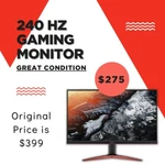 Acer Kg251q 24.5" Full Hd 240hz Hdmi Dp Freesync Led Gaming Monitor. Fixed Price $275.00.