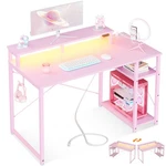 Motpk 40" Pink Gaming Desk W/ Led Lights, Storage Shelf, Monitor Stand, Carbon F. Fixed Price $134.98.