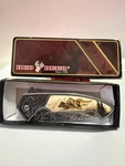 Red Deer Pocketknife, Clip Point Plain Blade, Wolf Design Silver/ivory Handle. Fixed Price $10.00.