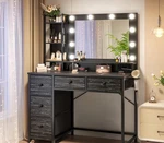 Enhomee Black Vanity Desk With Mirror, Lights & Power Outlet 5 Drawers. Fixed Price $400.00.