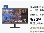 Samsung Viewfinity S8 Series 32-inch 4k Uhd High Resolution Monitor, Ips Panel. Fixed Price $380.00.