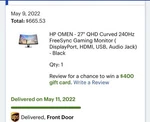 Hp Omen 27" Qhd Curved Gaming Monitor 240hz 16:9 1ms Freesync Displayport & Hdmi. Fixed Price $300.00.